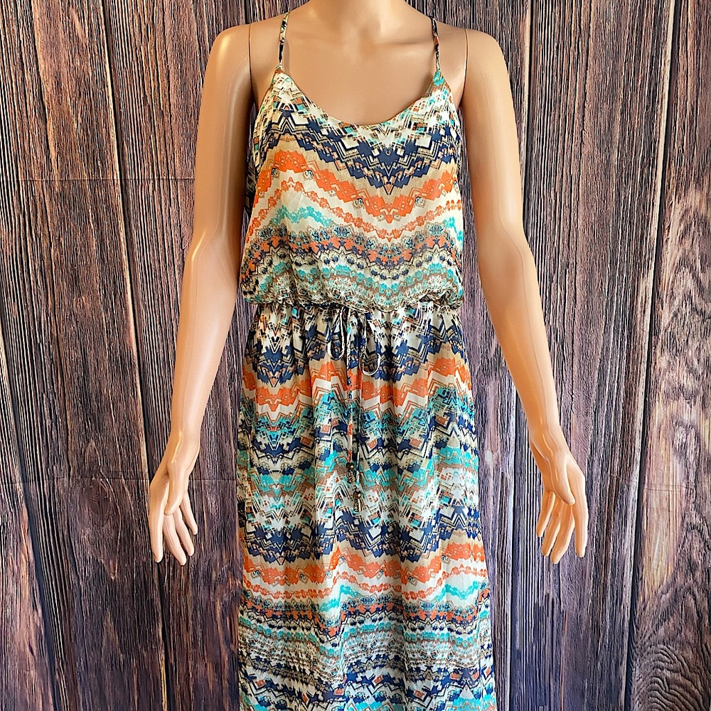 City Triangles aqua tan & orange pattern summer flowy maxi dress size Large